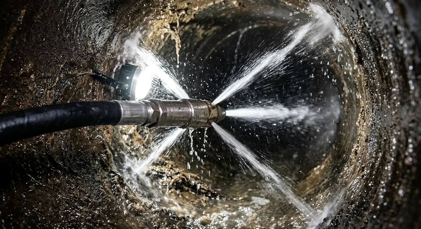 High-pressure hydro jetting nozzle cleaning sewer pipe for Trenchless Sewer Repair in Ghent