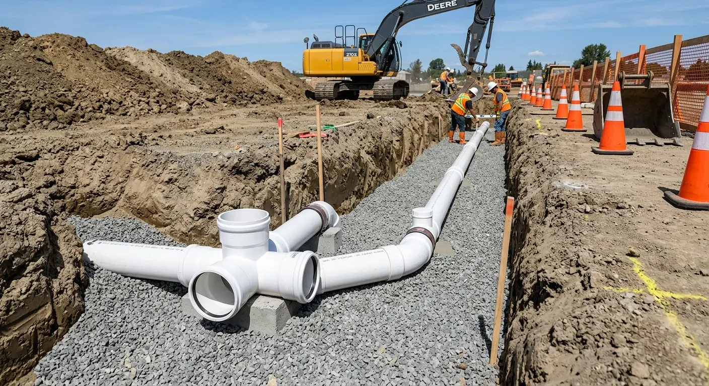 New PVC sewer pipe installation in open trench for Commercial Drain Cleaning in Ghent