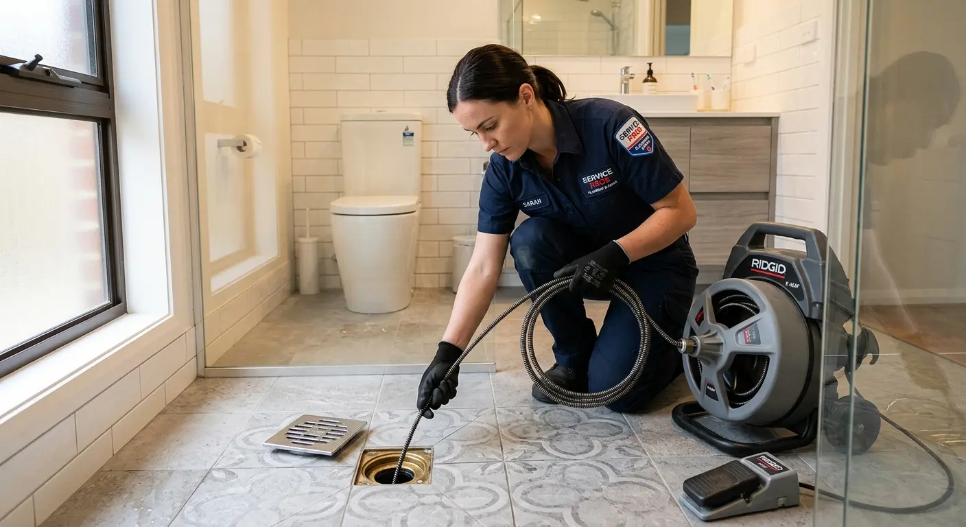Technician clearing a bathroom floor drain for Hydro Jetting in Ghent